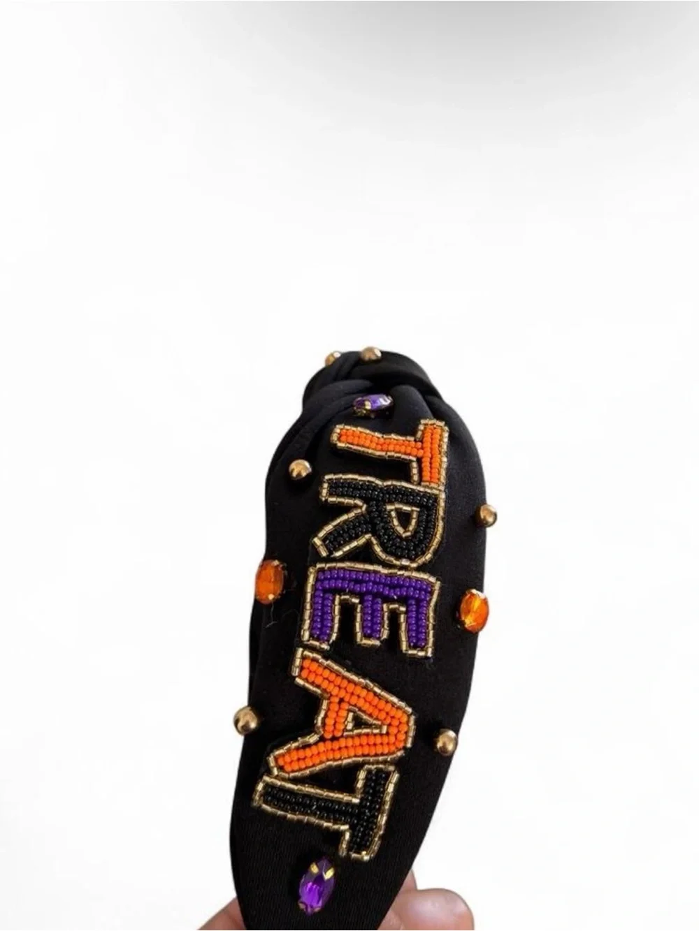 Black Padded Headband with Orange & Purple Beaded Lettering